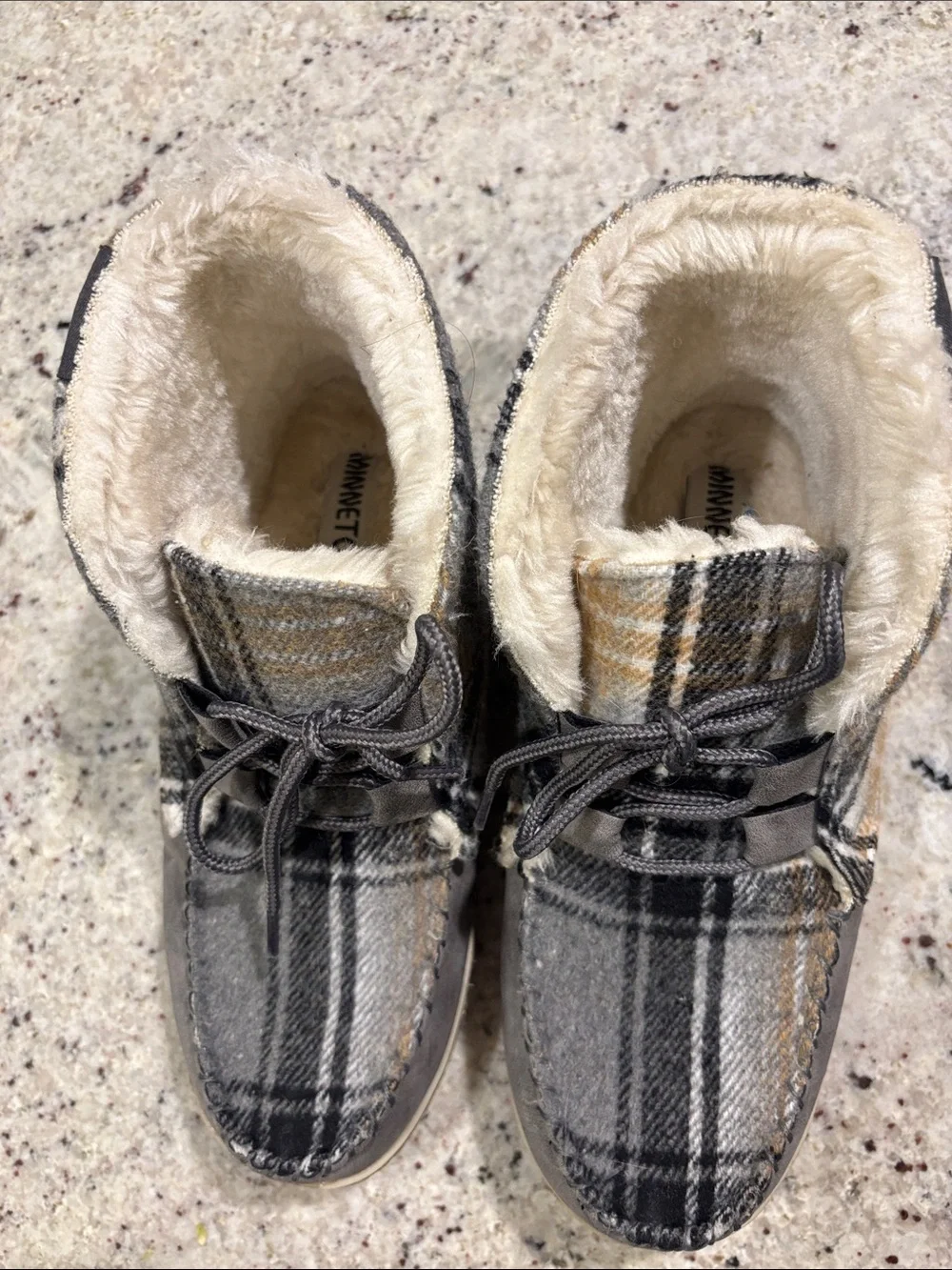 Minnetonka Plaid Faux-Fur Lined Ankle Moccasins in Gray and Tan